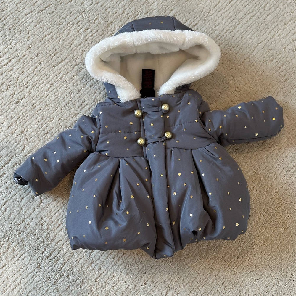 Peplum Puffer Jacket with fur lining and gold stars
